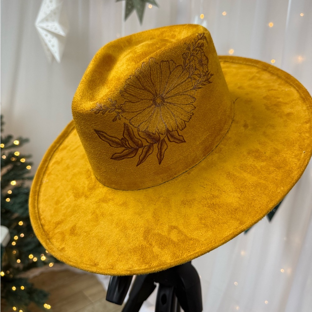 Floral hand burned mustard Hat